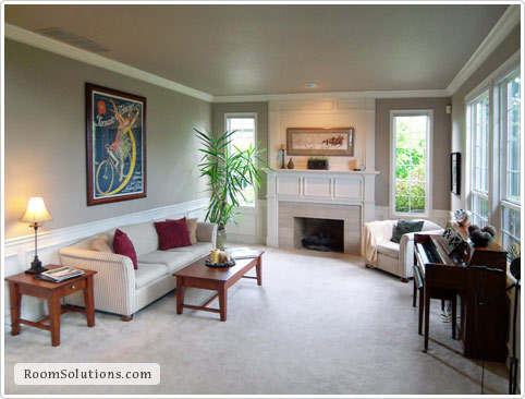 Home staging of (occupied) living room by Room Solutions Staging in Portland, OR
