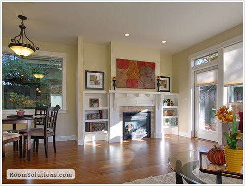Home staging of living / dining space by Room Solutions Staging in Portland, OR