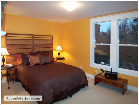 Home staging of (occupied) bedroom by Room Solutions Staging in Portland, OR